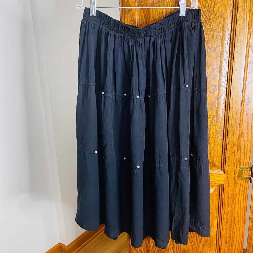 Stonebridge Womens Black Tiered Studded Midi Skirt Petite Large Western Boho